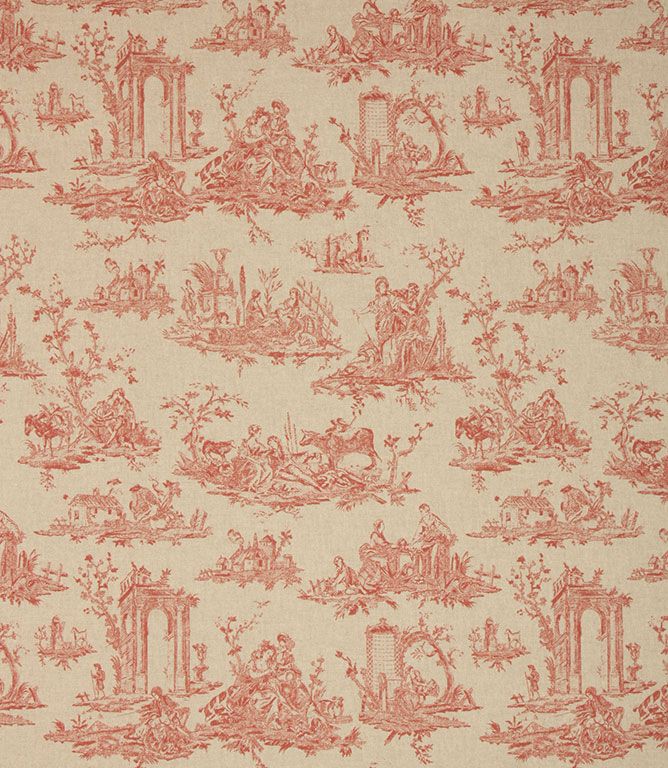 Red French Toile Linen Fabric