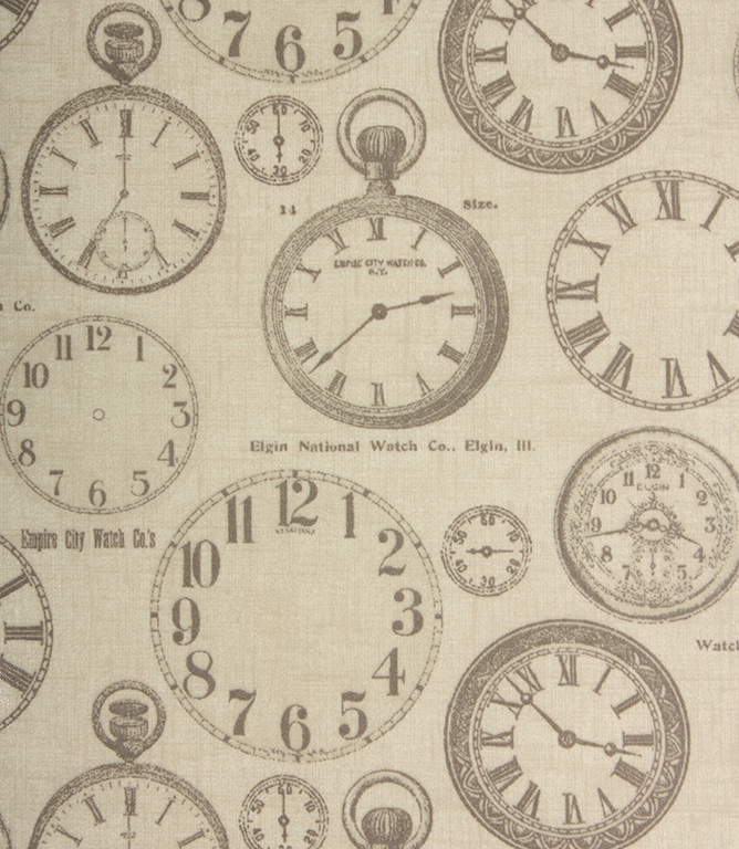 PVC Vintage Clocks Fabric / Charcoal | Just Fabrics